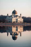 ver de el magnífico mezquita desde el borde de el lago ,generativo ai foto