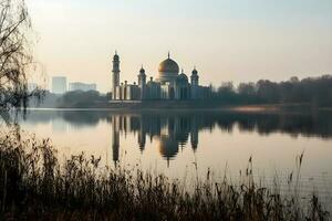 view of the magnificent mosque from the edge of the lake ,generative ai photo