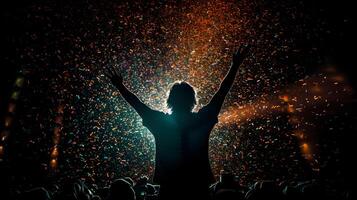 silhouette a man from the stage celebrating success witnessed by thousands of people ,generative ai photo