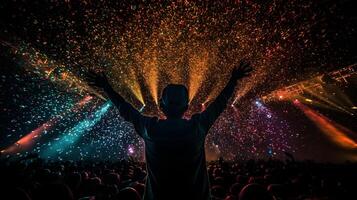 silhouette a man from the stage celebrating success witnessed by thousands of people ,generative ai photo