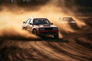 Photo Panning Rally Cars Overtaking Each Other on the dirt track ,generative ai