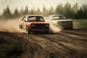 Photo Panning Rally Cars Overtaking Each Other on the dirt track ,generative ai