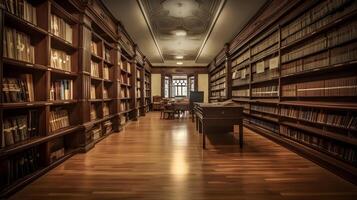 old library interior with books on shelves ,generative ai photo