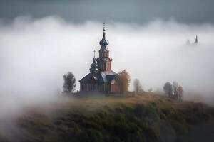 classic church on a sky island covered in clouds ,generative ai photo