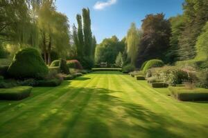 manicured country lawn surrounded by trees , photo