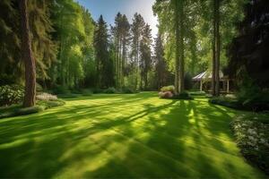 manicured country lawn surrounded by trees ,generative ai photo