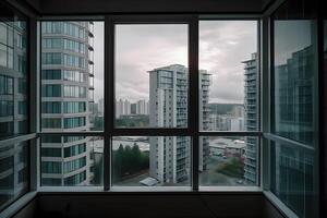 view of urban buildings from apartment window , photo