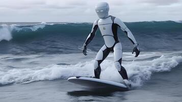 humanoid robot is surfing in the sea , photo