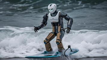 humanoid robot is surfing in the sea , photo