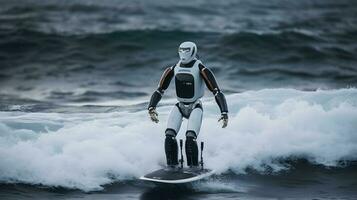 humanoide robot es surf en el mar ,generativo ai foto