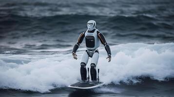 humanoid robot is surfing in the sea , photo