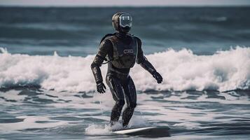 humanoid robot is surfing in the sea , photo