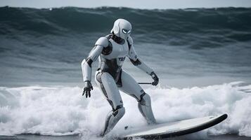 humanoid robot is surfing in the sea , photo