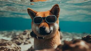 shiba inu dog is diving in the sea filled with coral reefs ,generative ai photo