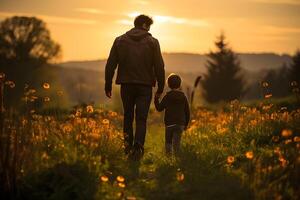 father and son are holding hands in the afternoon , photo