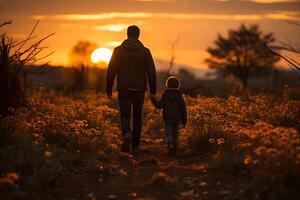 father and son are holding hands in the afternoon ,generative ai photo