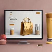 shopping bag screen on font of office desk, successful startup concept, photo
