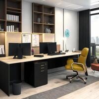 Minimal interior modern office space room with beige cozy tone style, decorate with armchair, desk, and row of computers, empty wall for mock up and banner, with photo