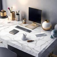 AI generated Mock up of modern laptop, smartphone, mac, pc, tablet on the table photo