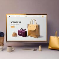 shopping bag screen on font of office desk, successful startup concept, Generative AI photo