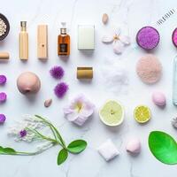 Set of cosmetic products on a color background. Cosmetic package collection for cream, soups, foams, shampoo.Natural beauty blank label for branding mock-up concept, photo