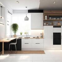 Minimal interior modern office space room with beige cozy tone style, decorate with armchair, desk, and row of computers, empty wall for mock up and banner, with photo