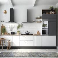 Minimal interior design kitchen room with beige cozy tone style, decorate with wooden counter. chairs and brown tone background, empty wall for mock up and banner, with free photo