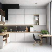 mínimo interior moderno oficina espacio habitación con beige acogedor tono estilo, Decorar con sillón, escritorio, y fila de ordenadores, vacío pared para burlarse de arriba y bandera, con generativo ai foto