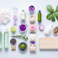 Set of cosmetic products on a color background. Cosmetic package collection for cream, soups, foams, shampoo.Natural beauty blank label for branding mock-up concept, photo