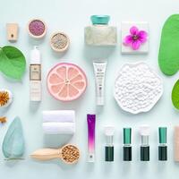 Set of cosmetic products on a color background. Cosmetic package collection for cream, soups, foams, shampoo.Natural beauty blank label for branding mock-up concept, photo