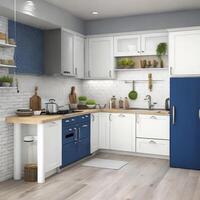 Minimal interior design kitchen room with beige cozy tone style, decorate with wooden counter. chairs and brown tone background, empty wall for mock up and banner, with free photo