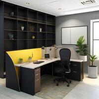 Minimal interior modern office space room with beige cozy tone style, decorate with armchair, desk, and row of computers, empty wall for mock up and banner, with photo