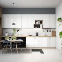 Minimal interior modern office space room with beige cozy tone style, decorate with armchair, desk, and row of computers, empty wall for mock up and banner, with photo