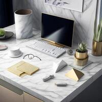 Mock up of modern laptop, smartphone, mac, pc, tablet on the table photo