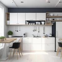 mínimo interior diseño cocina habitación con beige acogedor tono estilo, Decorar con de madera encimera. sillas y marrón tono fondo, vacío pared para burlarse de arriba y bandera, con generativo ai gratis foto