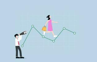 Consumer trend, shopping habit analysis, market research to understand customer need concept, Businessman observing woman with shopping bags walking on graph. vector