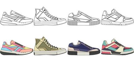 Set of shoes sneaker drawing vector, Sneakers drawn in a sketch style, bundling sneakers trainers template, vector Illustration.