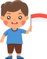 Cute standing boy cartoon holding a red and white Indonesia flag png