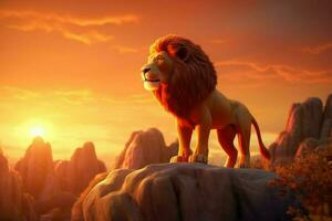 AI Generated 3D cartoon majestic lion standing on a rocky outcrop with a fiery red sunset in the background. photo