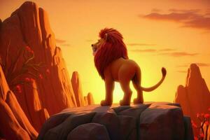 ai generado 3d dibujos animados majestuoso león en pie en un rocoso afloramiento con un ardiente rojo puesta de sol en el antecedentes. foto