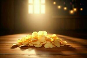 AI Generated 3D cartoon crunchy potato chips arranged in a stack on a rustic wooden table with a bright spotlight shining down from above. photo