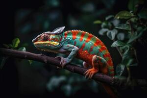 Colorful chameleon clinging to the branch of a tree in a vibrant tropical rainforest with exotic flowers blooming all around. photo