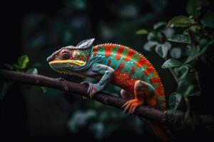 AI Generated Colorful chameleon clinging to the branch of a tree in a vibrant tropical rainforest with exotic flowers blooming all around. photo