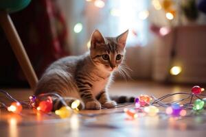 AI Generated Adorable kitten playing with a string of Christmas lights and a shiny ornament in a bright and colorful living room. photo