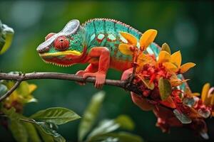 Colorful chameleon clinging to the branch of a tree in a vibrant tropical rainforest with exotic flowers blooming all around. photo