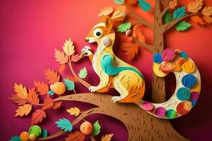AI Generated Colorful paper art concept. Cheerful squirrel nibbling on a Christmas cookie and sitting on a decorated tree branch. photo
