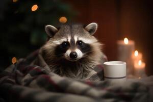 Cozy raccoon snuggled up in a warm woolen blanket and holding a steaming mug of hot cocoa in front of a Christmas tree. photo