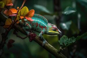 Colorful chameleon clinging to the branch of a tree in a vibrant tropical rainforest with exotic flowers blooming all around. photo