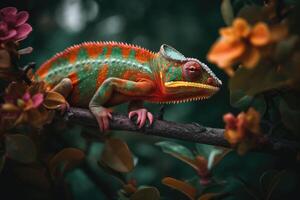Colorful chameleon clinging to the branch of a tree in a vibrant tropical rainforest with exotic flowers blooming all around. photo