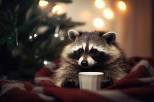 AI Generated Cozy raccoon snuggled up in a warm woolen blanket and holding a steaming mug of hot cocoa in front of a Christmas tree. photo